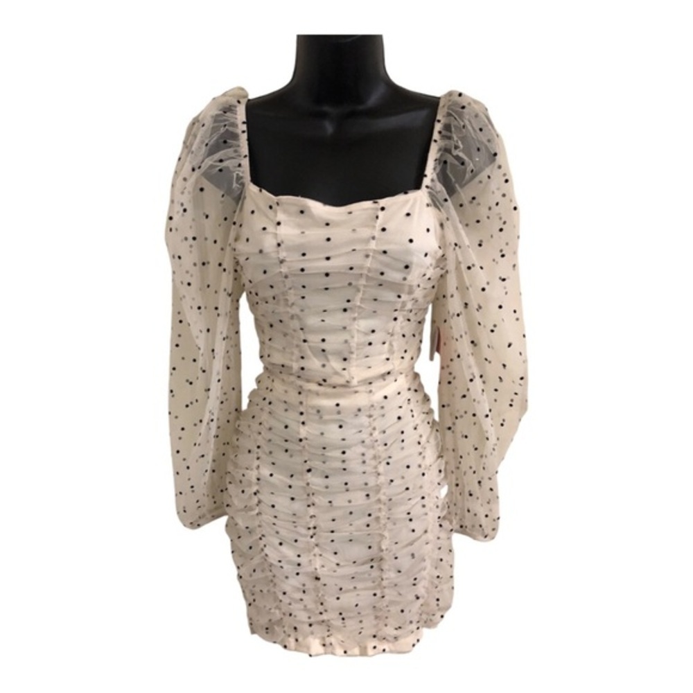 Cream 2pc polka‎ dot chiffon tulle tufted sheer sleeve blouse & skirt set size L